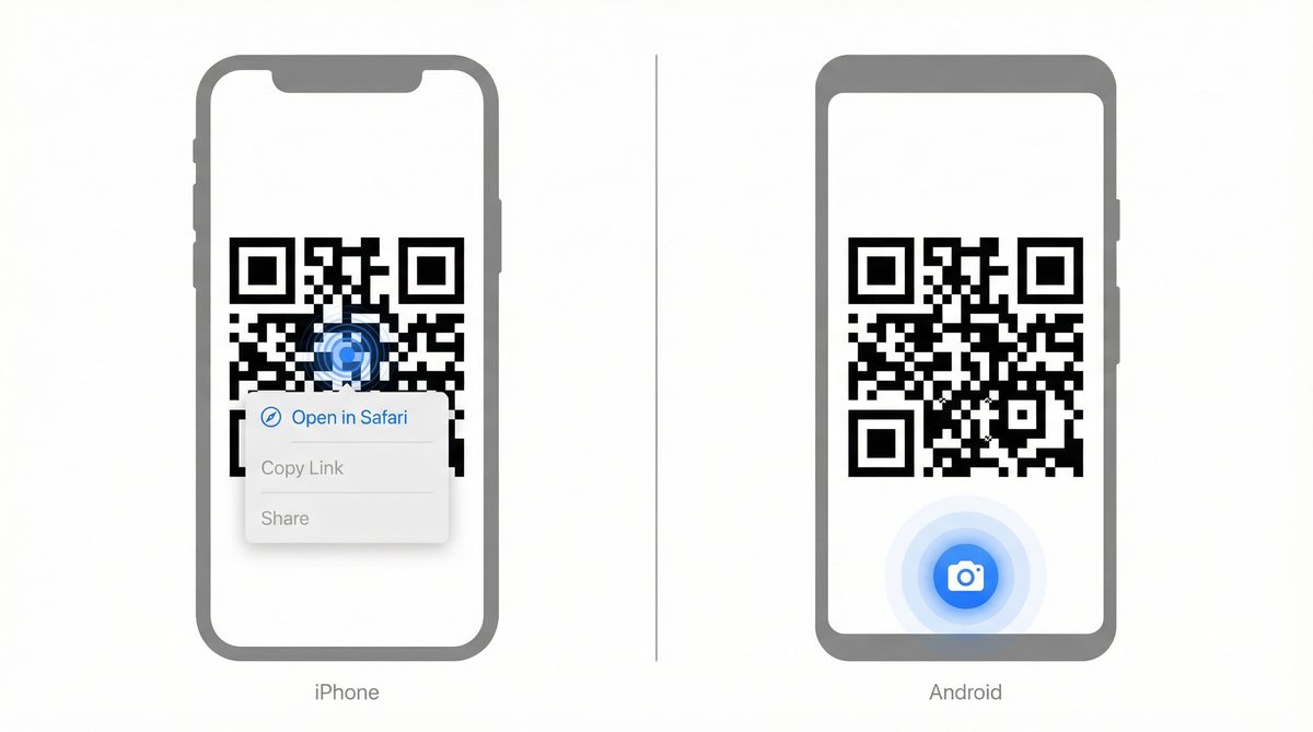 Telefoni iPhone e Android affiancati, ognuno mostra uno screenshot di un codice QR in fase di scansione dalla galleria fotografica
