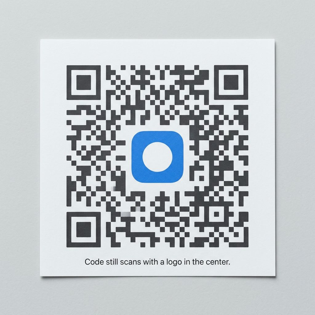 Tasainen kuvitus QR-koodista, jonka keskell&auml; on logo ja joka silti skannautuu