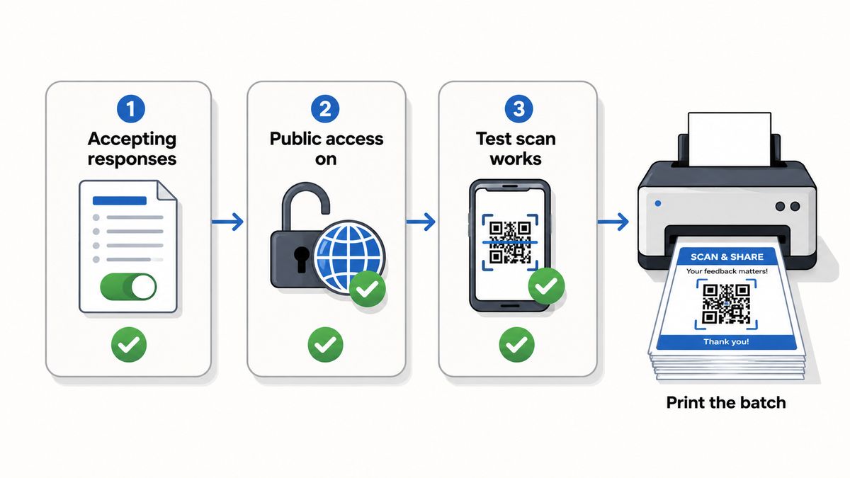 Before-you-print checklist for a Google Form QR code: accepting responses, public access on, test scan works