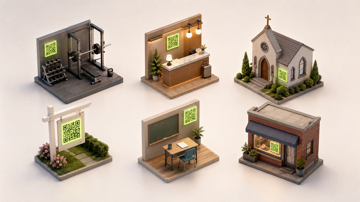 Isometric miniatures of a gym, hotel, church, house, school, and shop, each with a QR code