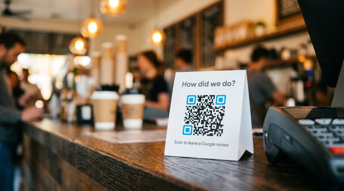 Table tent with Google review QR code next to a point-of-sale register