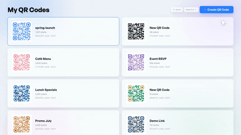 FreeQR dashboard editing a code's destination and showing scan counts