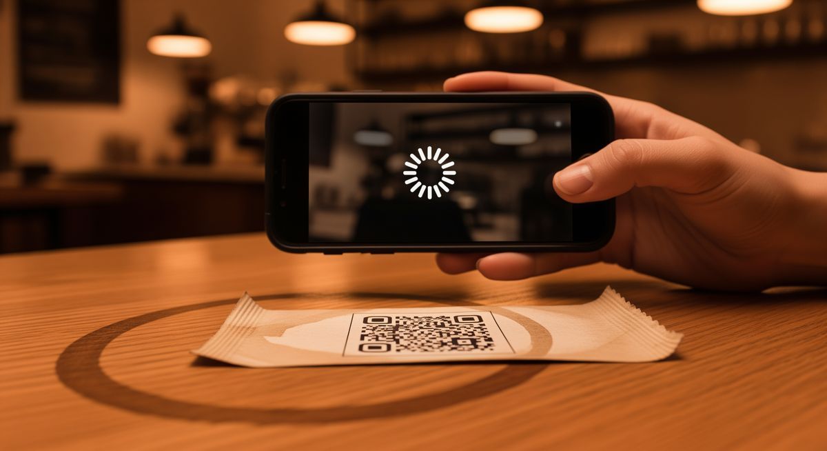 Slidt produktetiket med falmet QR-kode, der ikke kan scannes, p&aring; smartphone holdt for t&aelig;t p&aring;