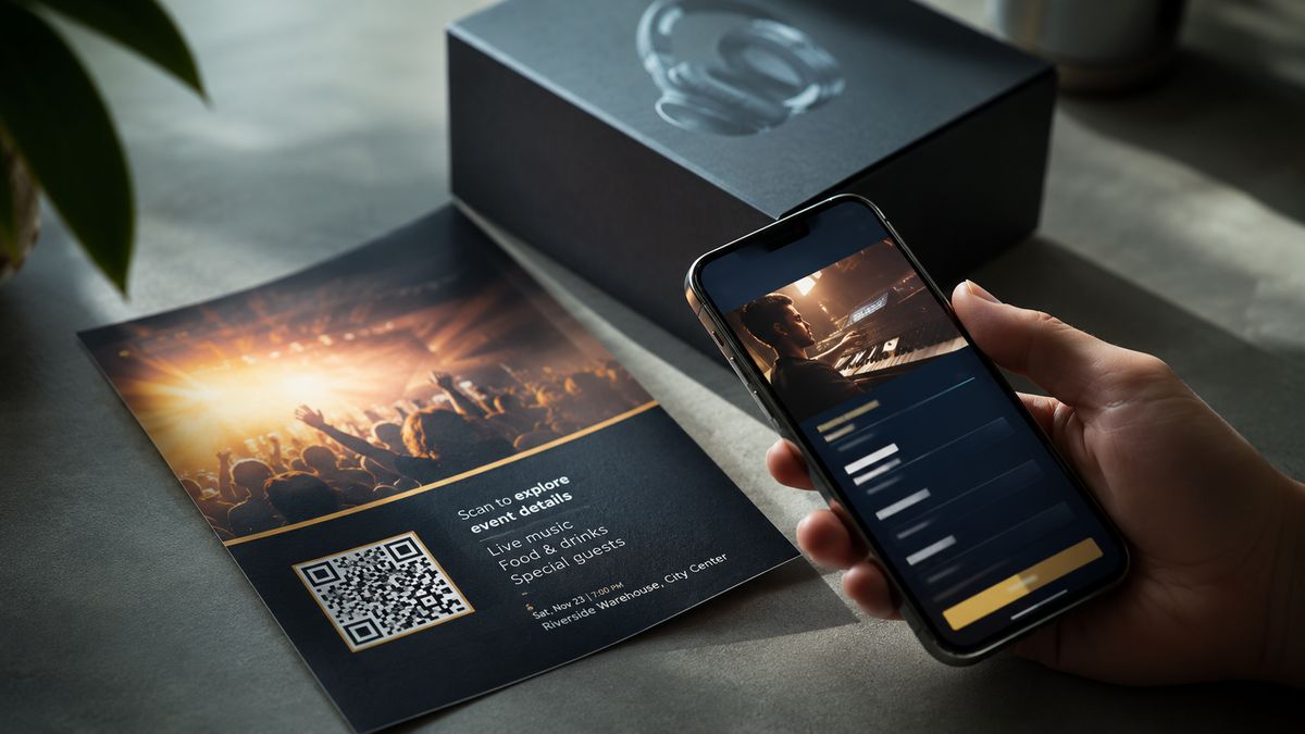 A printed flyer and a product box, each with a QR code being scanned