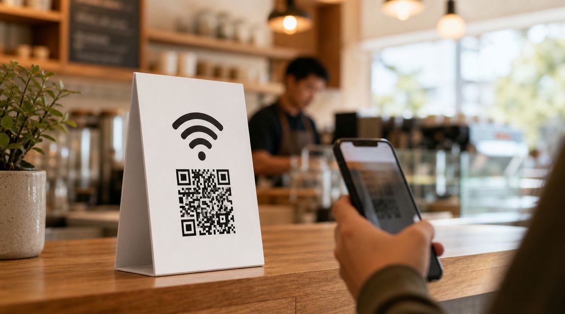 Geprinte WiFi QR-code op een tafelkaartje in een caf&eacute; terwijl een gast hem scant om verbinding te maken