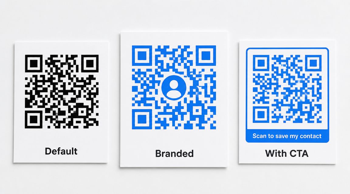 Trei designuri de cod QR unul langa altul: negru implicit, albastru de brand cu logo si albastru cu cadru cu indemn la actiune