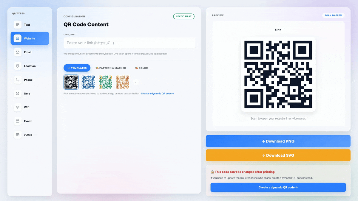 Amazon registry link pasted into the FreeQR link QR generator with the QR code appearing