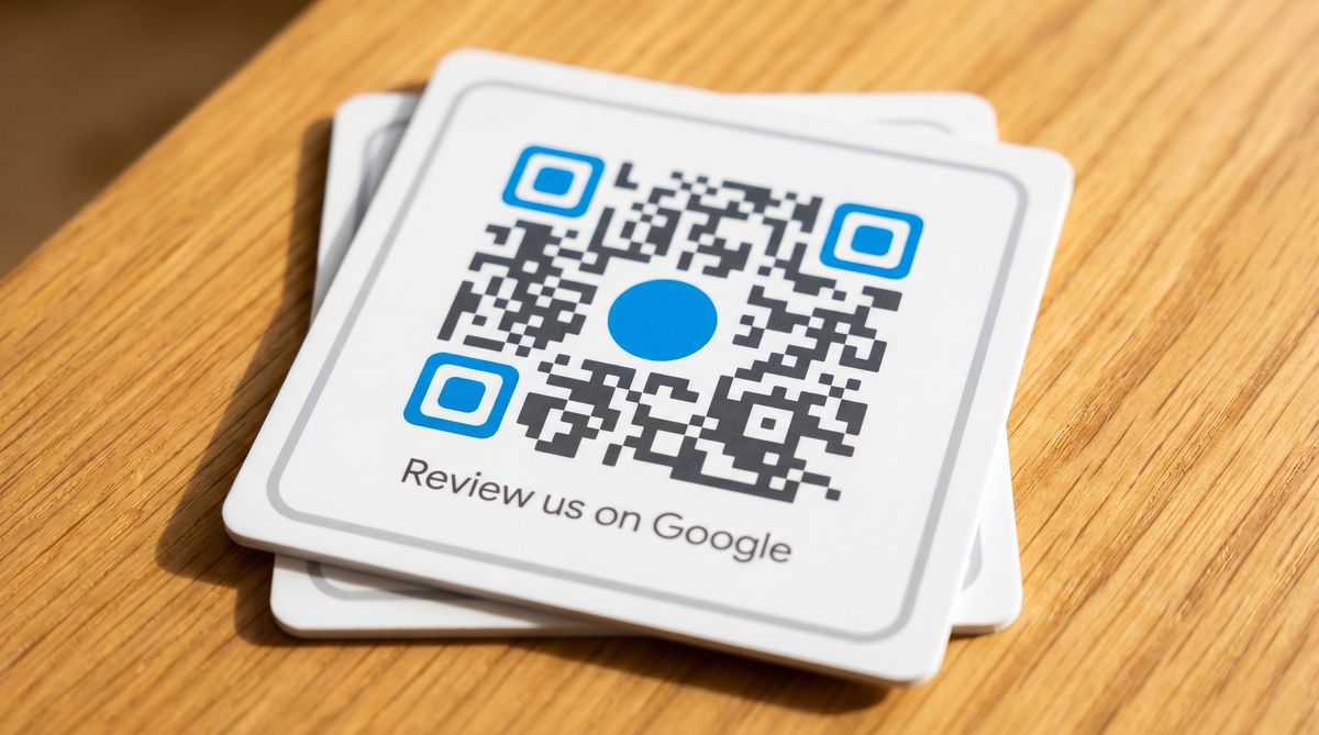 Customized Google review QR code with brand colors and a review us frame
