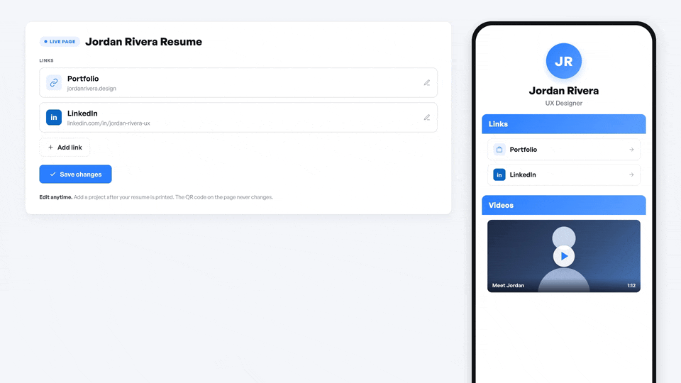 Adding a new project to a resume QR code page in FreeQR and checking its scan count over time