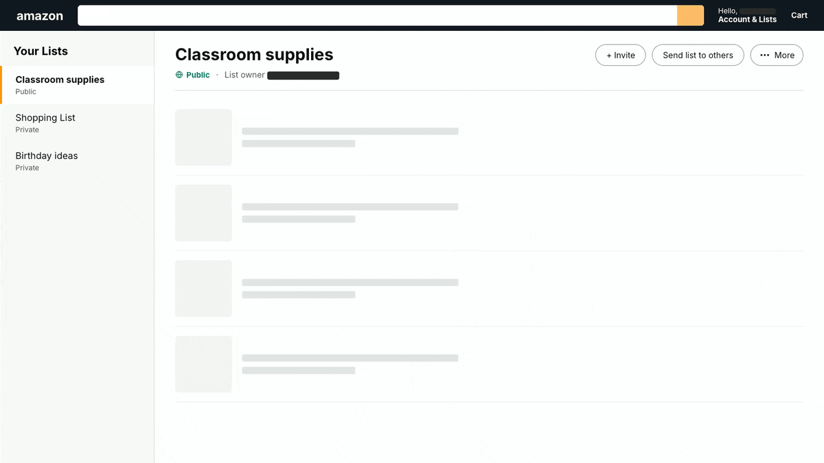 Amazon Manage List panel opening to show the Public and Shared privacy settings