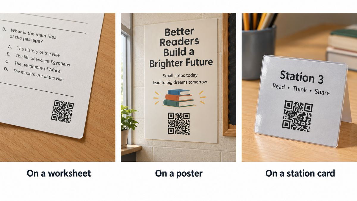 The same QR code in a classroom three ways: on a worksheet corner, a wall poster, and a laminated station card
