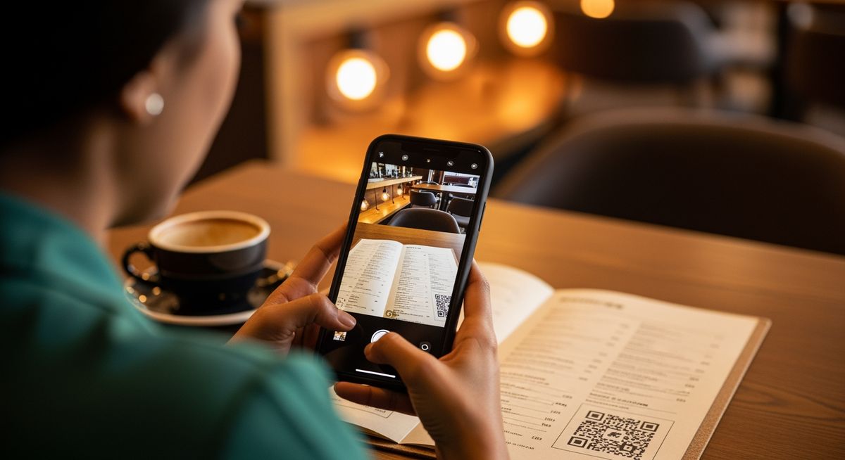 Smartphone escaneando un codigo QR desde un angulo demostrando la lectura omnidireccional de codigos de barras 2D