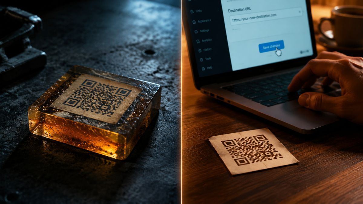 Comparativa lado a lado: el codigo QR estatico bloquea la URL dentro del patron impreso; el codigo QR dinamico usa una URL de redireccion corta enrutada a traves de un servidor hasta el PDF alojado.