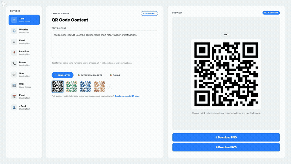 FreeQR vCard QR-kode generator-formular med kontaktfelter og live QR-kode forhandsvisning