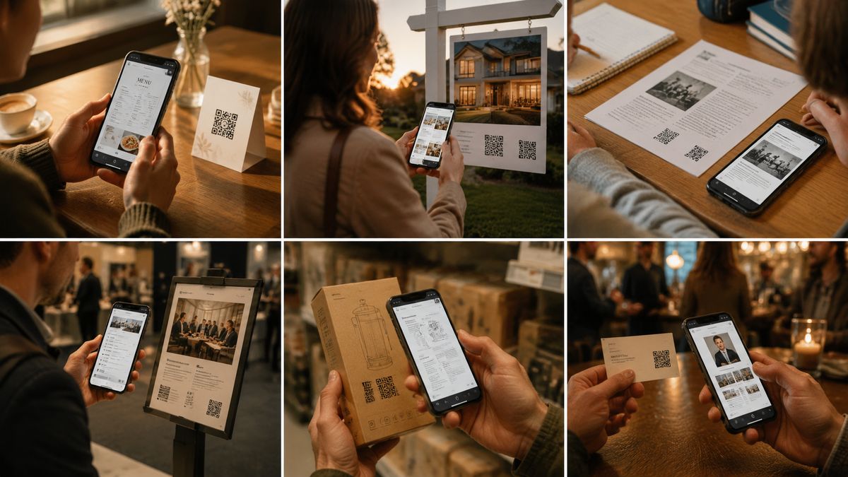 Sest scen lidi skenujicich tistene QR kody: kavarenske menu, znacka realitky, ucebna, letak akce, etiketa produktu, vizitka.
