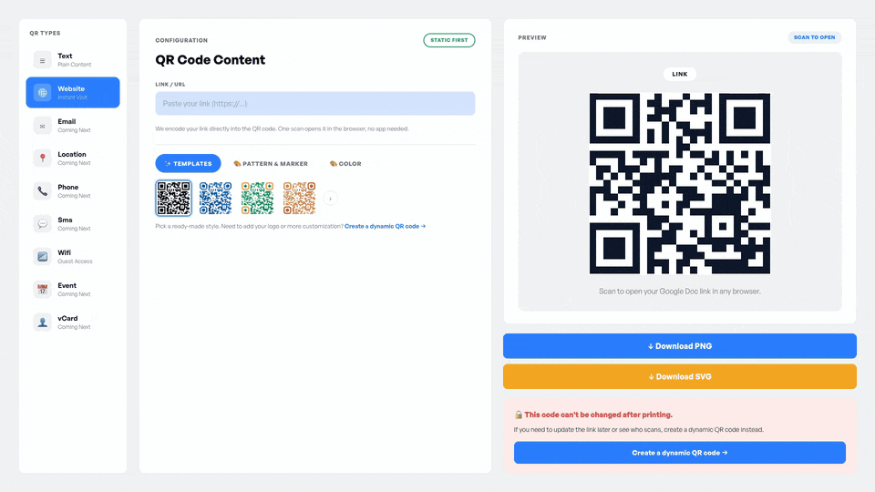 A Google Doc link pasted into the FreeQR QR code generator with a live preview