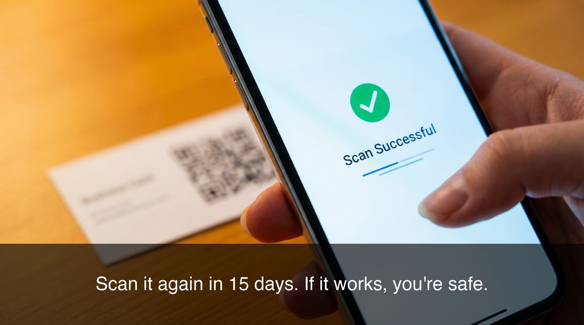 Gros plan extreme d'une main tenant un telephone scannant un QR code sur une carte de visite, l'ecran affiche un resultat de scan reussi, la carte de visite doucement floue en arriere-plan