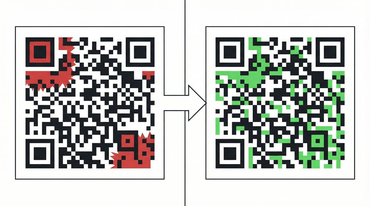 Vaurioituneet QR-koodin moduulit korostettu punaisella ja rekonstruoitu vihreaksi Reed-Solomon-virheenkorjauksella