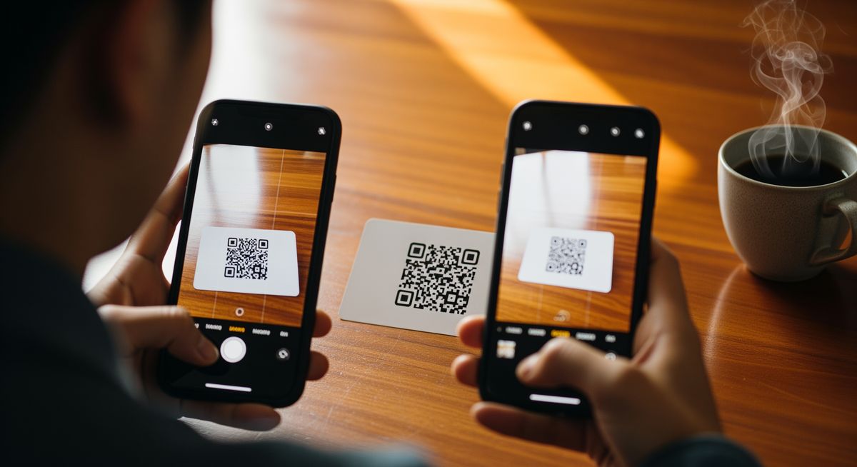 Two hands holding iPhone and Android scanning the same QR code card before sending to print