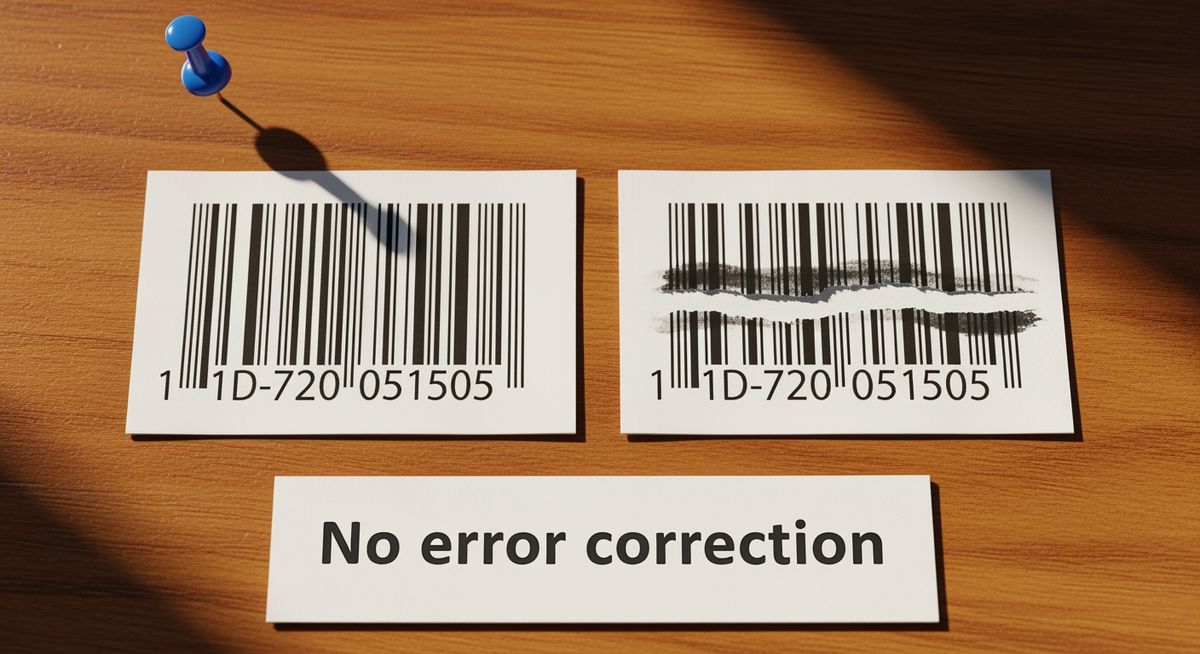 Code barre dechire sur un emballage de produit echouant au scan illustrant la fragilite des codes barres