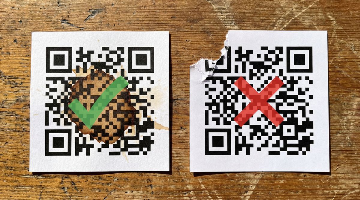 Codice QR con macchia di caffe al centro che funziona ancora rispetto a codice QR con angolo strappato che non funziona