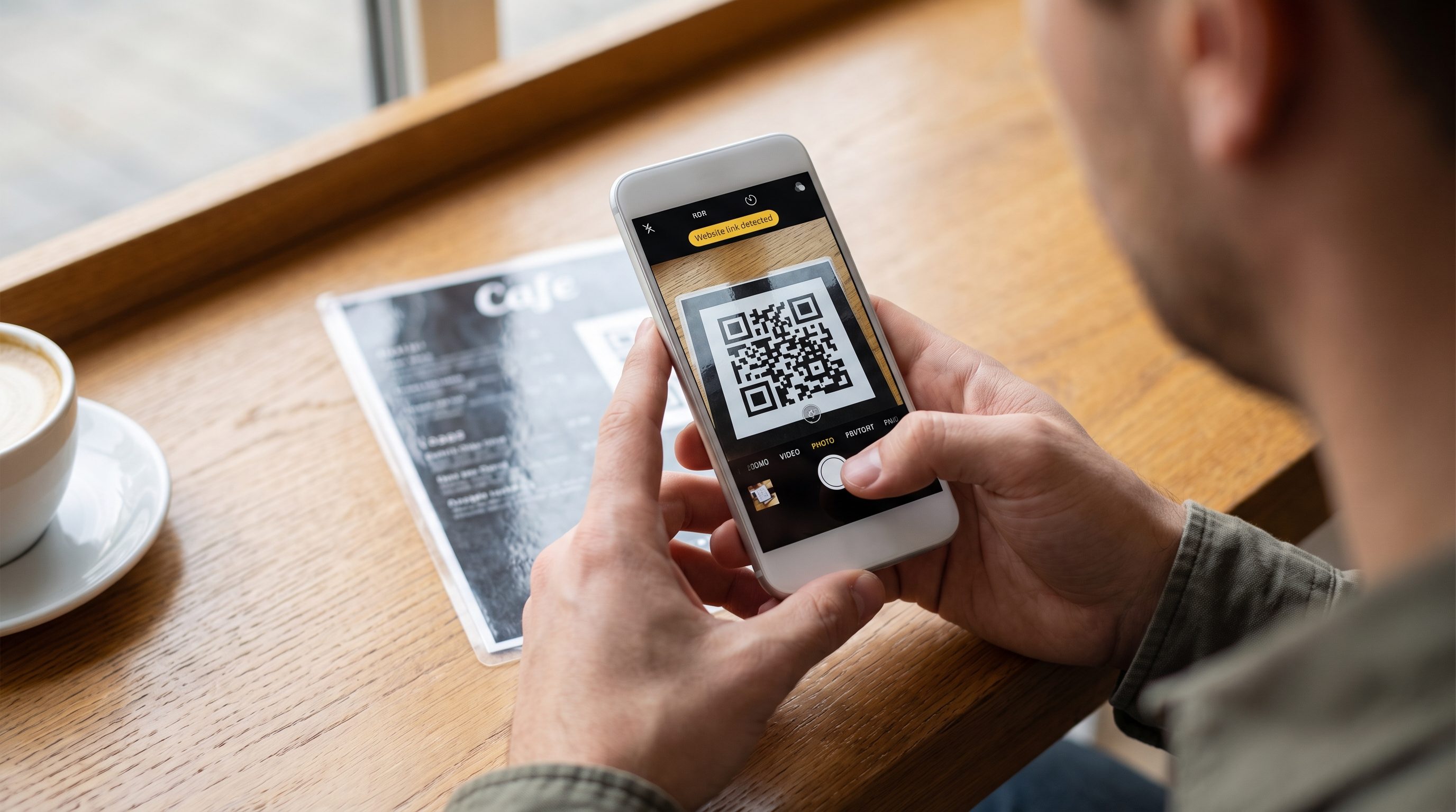 Smartphone camera viewfinder detecting a QR code with a link banner appearing at the top of the screen