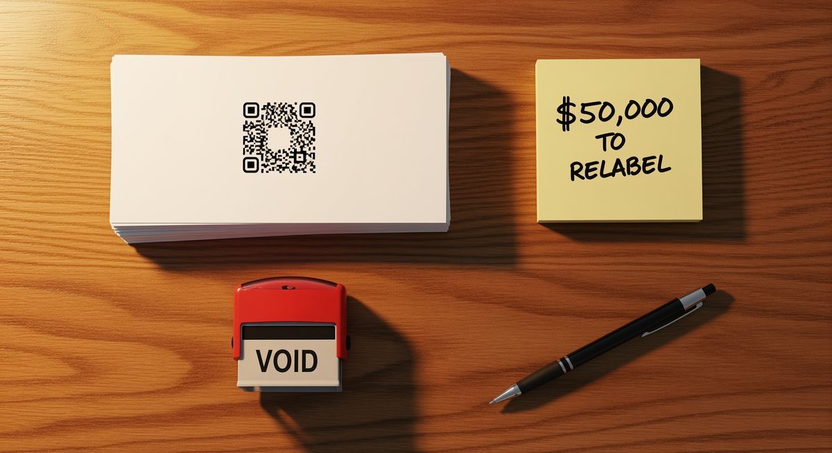Overhead flat-lay of printed flyer stack with QR code, sticky note showing relabeling cost, and void stamp