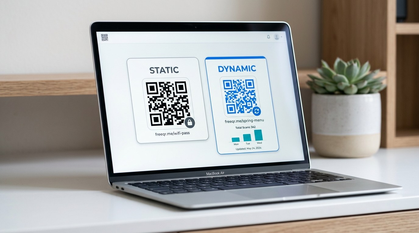 Jamforelse sida vid sida av en statisk QR-kod och en dynamisk QR-kod som visar hur var och en ansluter till en destinations-URL