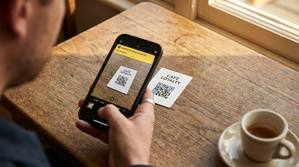 iPhonen kameraetsimen tunnistaessa QR-koodin keltaisella ilmoitusbannerilla nayton ylareunassa