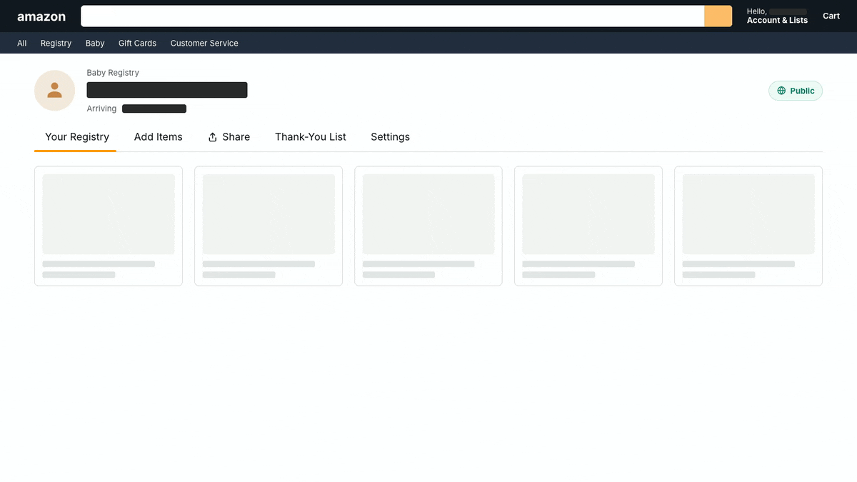 Amazon registry Share menu opening to reveal the shareable registry link