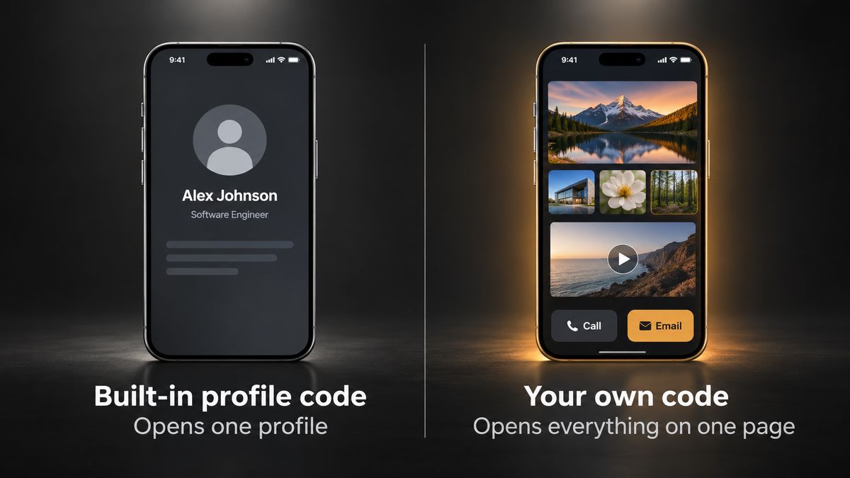LinkedIn's own QR code opening one profile next to a QR code opening a full resume page