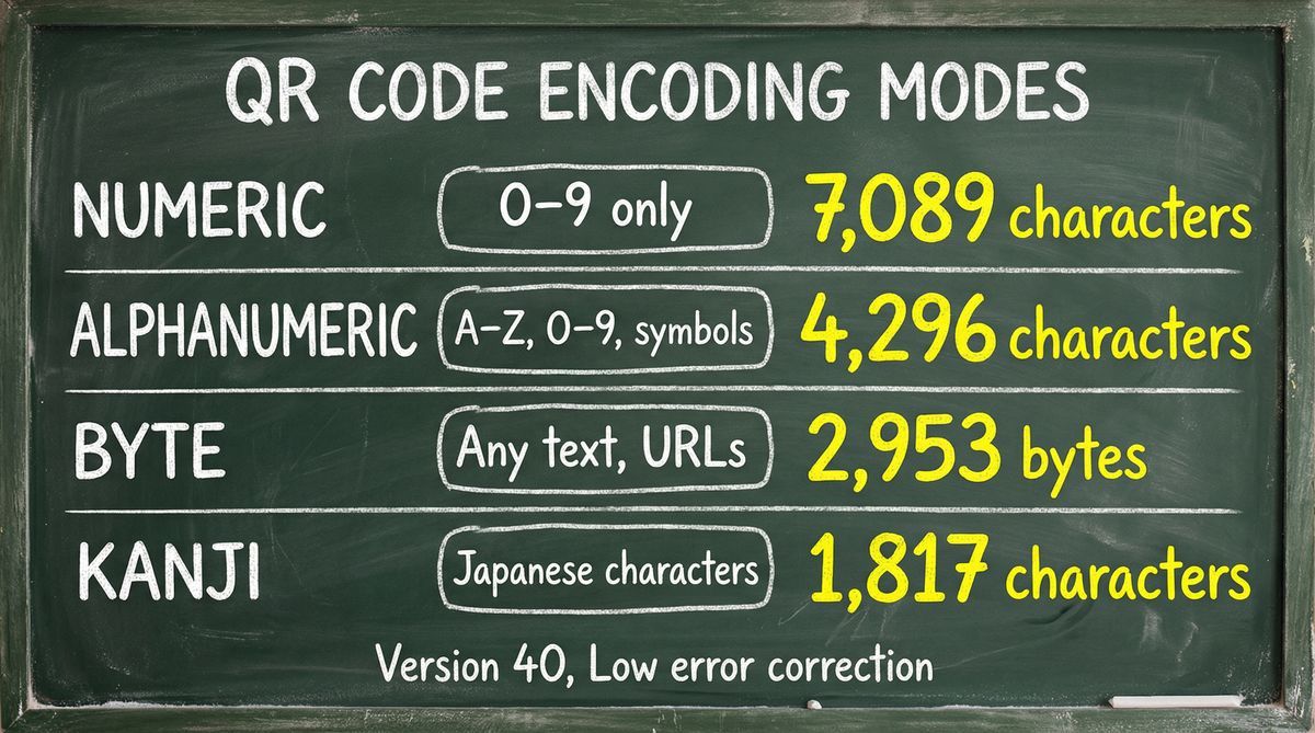 Tableau montrant la capacite maximale de donnees d'un QR code selon les quatre modes d'encodage
