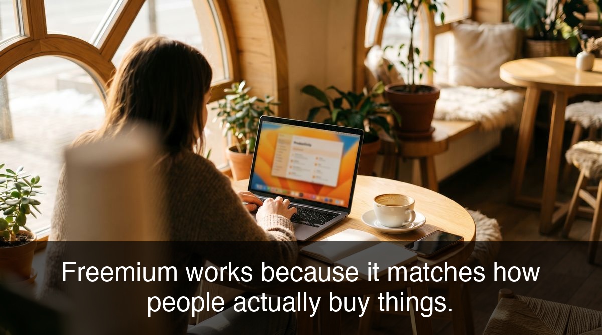 Person arbeitet frei in einem Caf&eacute; am Laptop mit Morgenlicht