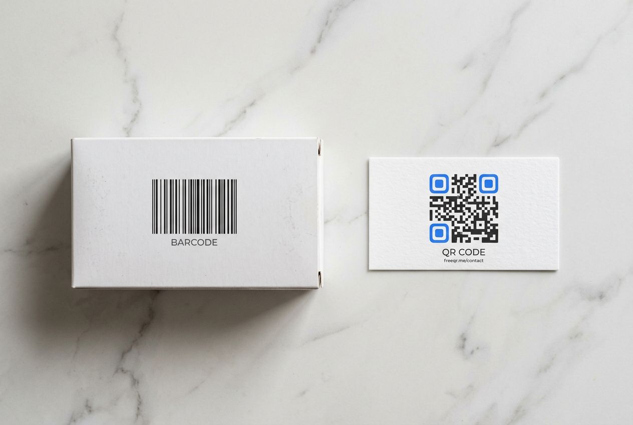 Ilustratie plana care compara un cod de bare 1D si un cod QR unul langa altul