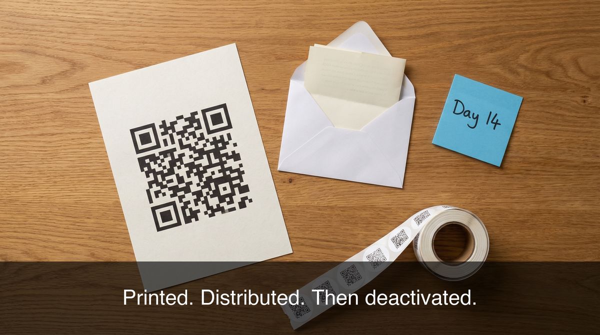 Overhead flat-lay of a printed flyer with a QR code, an opened envelope, a roll of QR sticker labels, and a sticky note reading "Day 14" on a warm oak desk