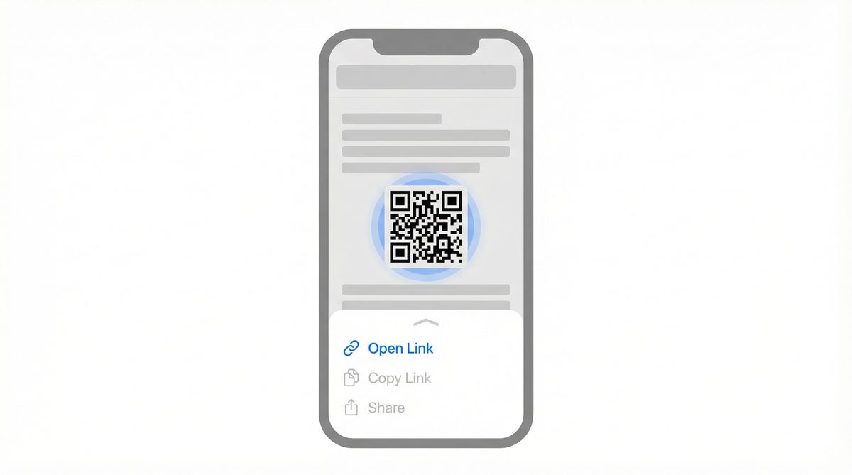 Browser mobile che mostra un'immagine di codice QR con il menu contestuale della pressione prolungata che mostra un'opzione di scansione