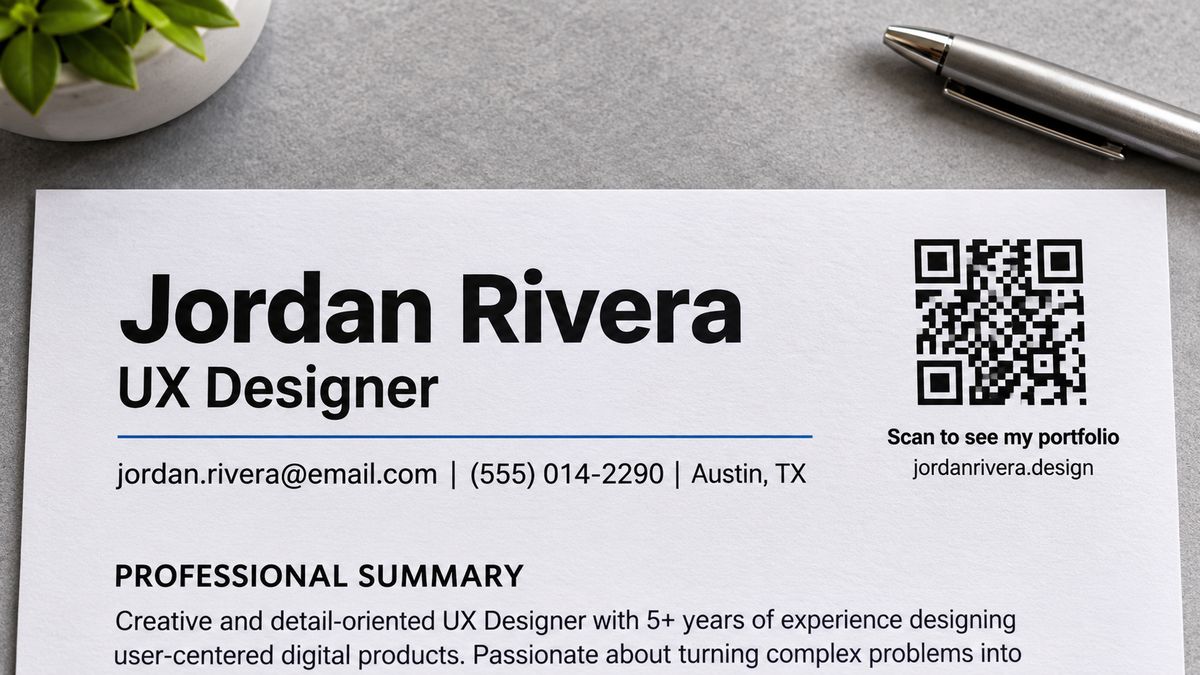 Top of a resume with a QR code, the caption Scan to see my portfolio, and a typed link