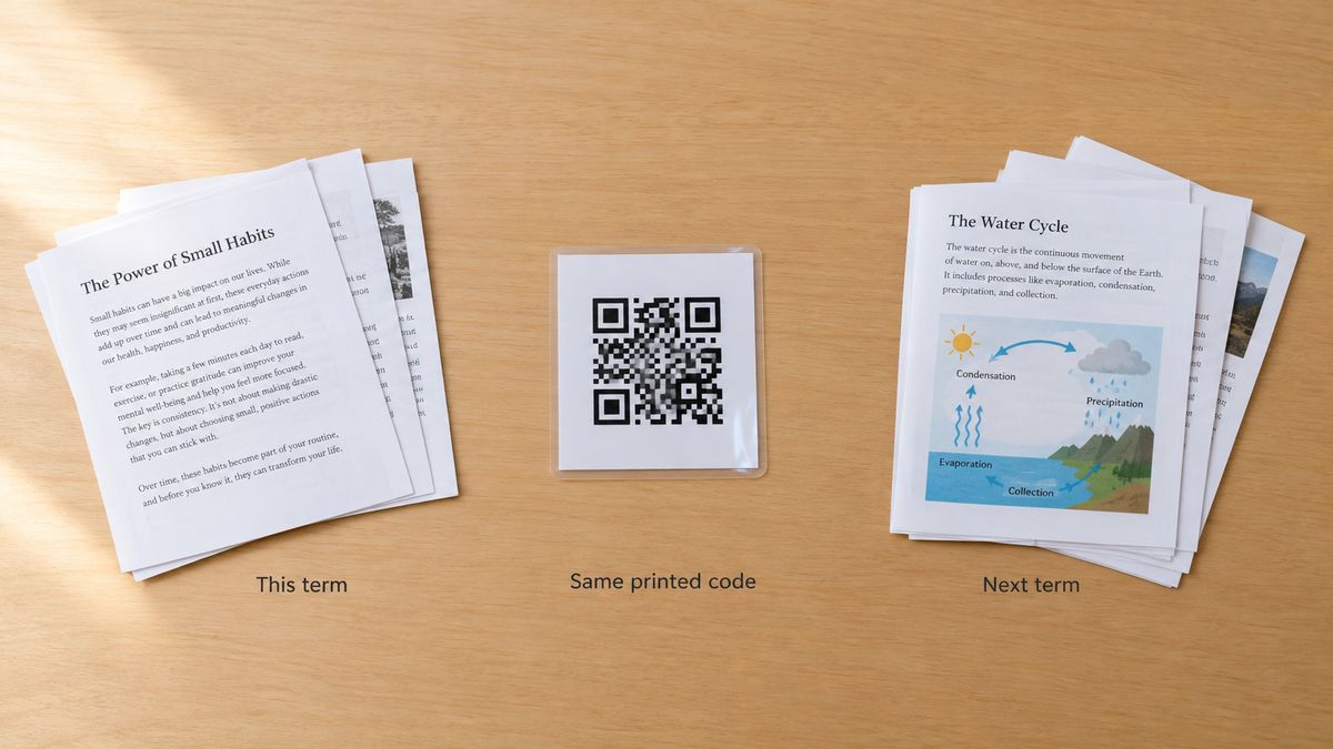 One laminated station card with an unchanged printed QR code, flanked by this term's reading pages and next term's