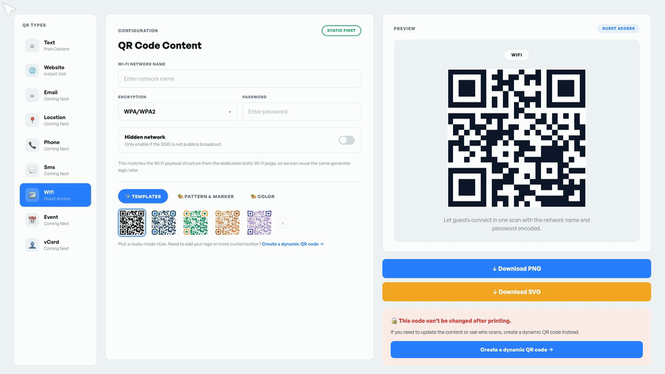 FreeQR WiFi QR-koodi generaattori, jossa verkon nimi ja salasana on taytetty