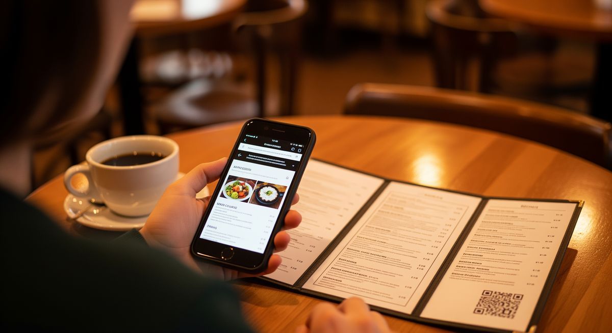 Alypuhelin skannaa URL QR-koodia joka avaa ravintolan ruokalistan verkkosivun