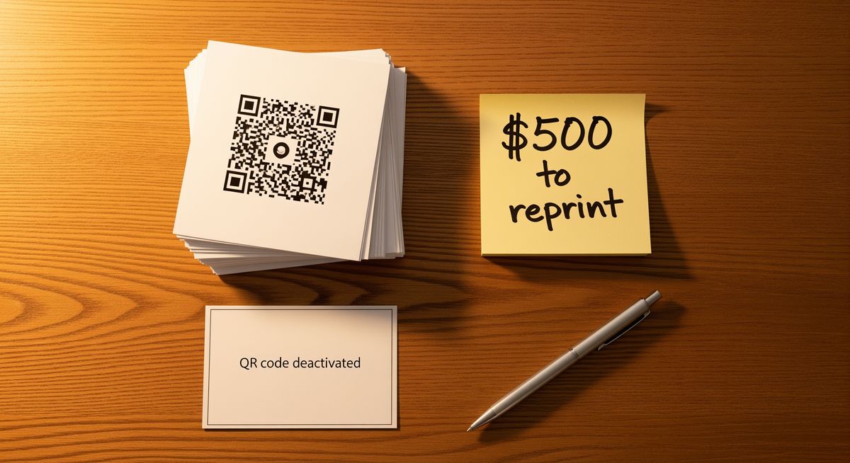 Stack of printed flyers with a dead QR code representing costly reprinting mistake