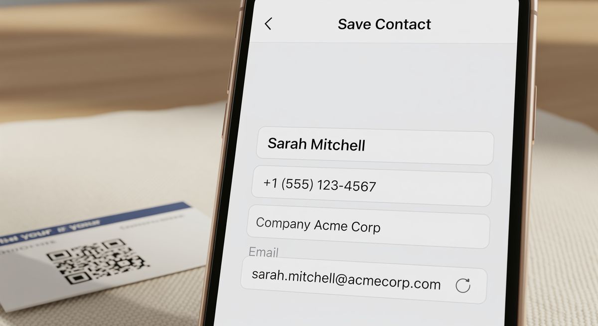 Person tapping phone after scanning a vCard QR code from a printed business card