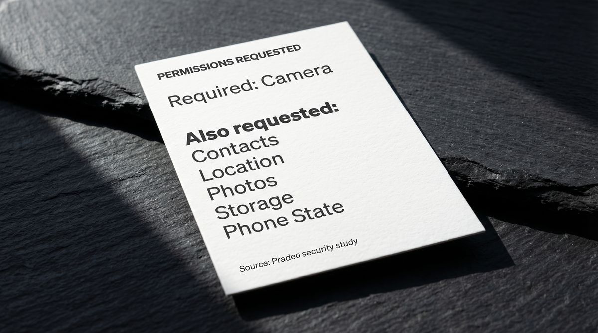 Permissions requested by third-party scanner apps listing camera plus five unnecessary extras like contacts and location