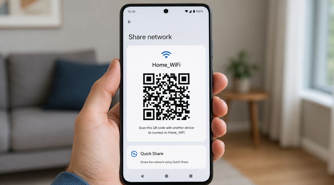 Androidin WiFi-asetusten Jaa-naytto, jossa nakyy QR-koodi verkkoon liittymista varten