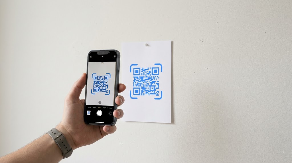 Smartphone holdt pa den korrekte scanningsafstand fra en QR-kode med afstandsmarkoeurer, der viser intervallet 15 til 30 centimeter