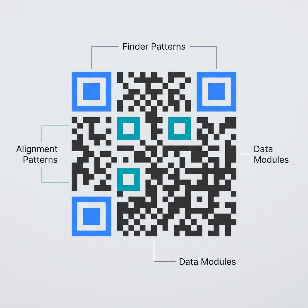 Popsan&yacute; anatomick&yacute; diagram QR k&oacute;du zobrazuj&iacute;c&iacute; vyhled&aacute;vac&iacute; vzory, zarovn&aacute;vac&iacute; vzory a datov&eacute; moduly