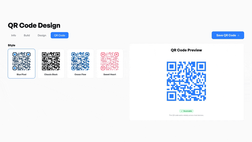 Styling a resume QR code in FreeQR with a dark code on a light background and an SVG download