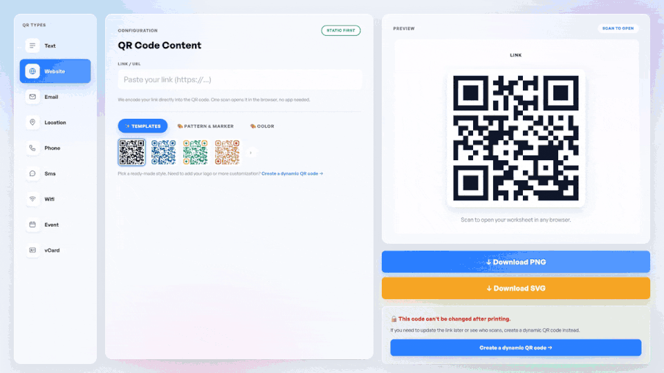 The FreeQR generator with a classroom resource link pasted in and the QR code preview updating beside it