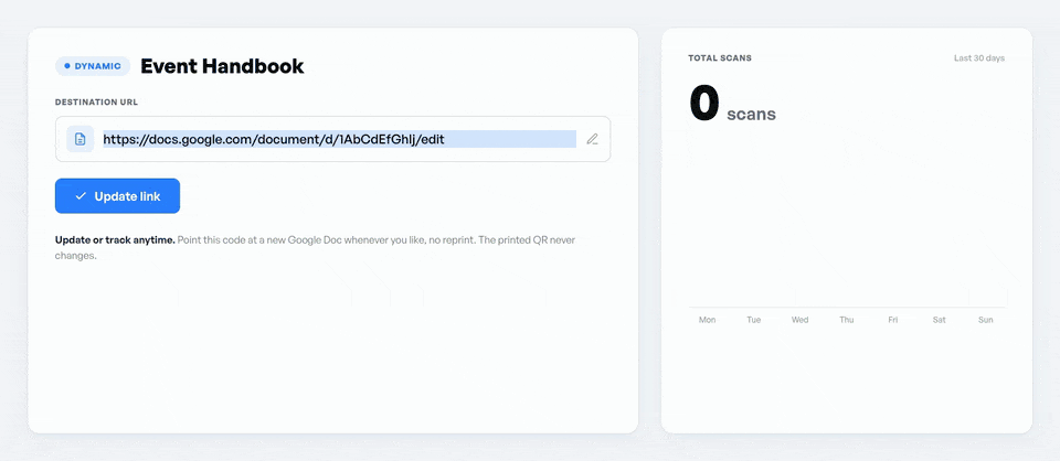 Editing a QR code destination to a new Google Doc with scan counts in the FreeQR dashboard