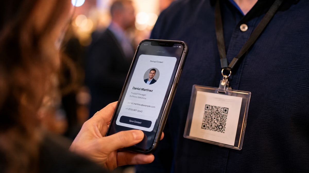 A phone scanning a name badge and saving the contact card